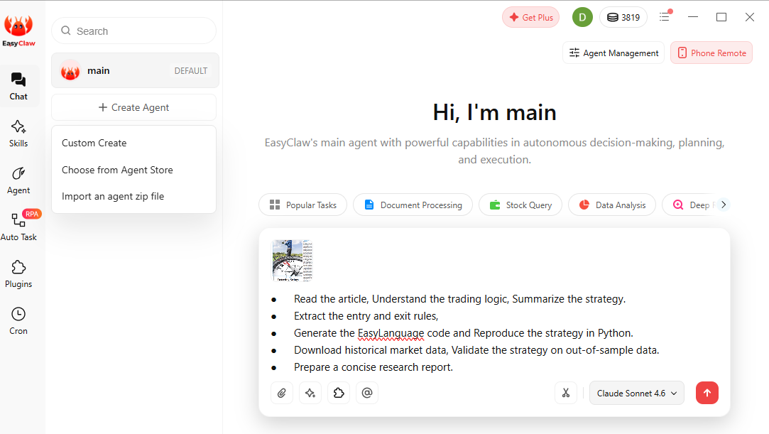 EasyClaw prompt describing the full research objective and task list