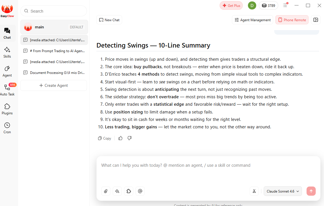 EasyClaw response summarizing the Detecting Swings trading methodology