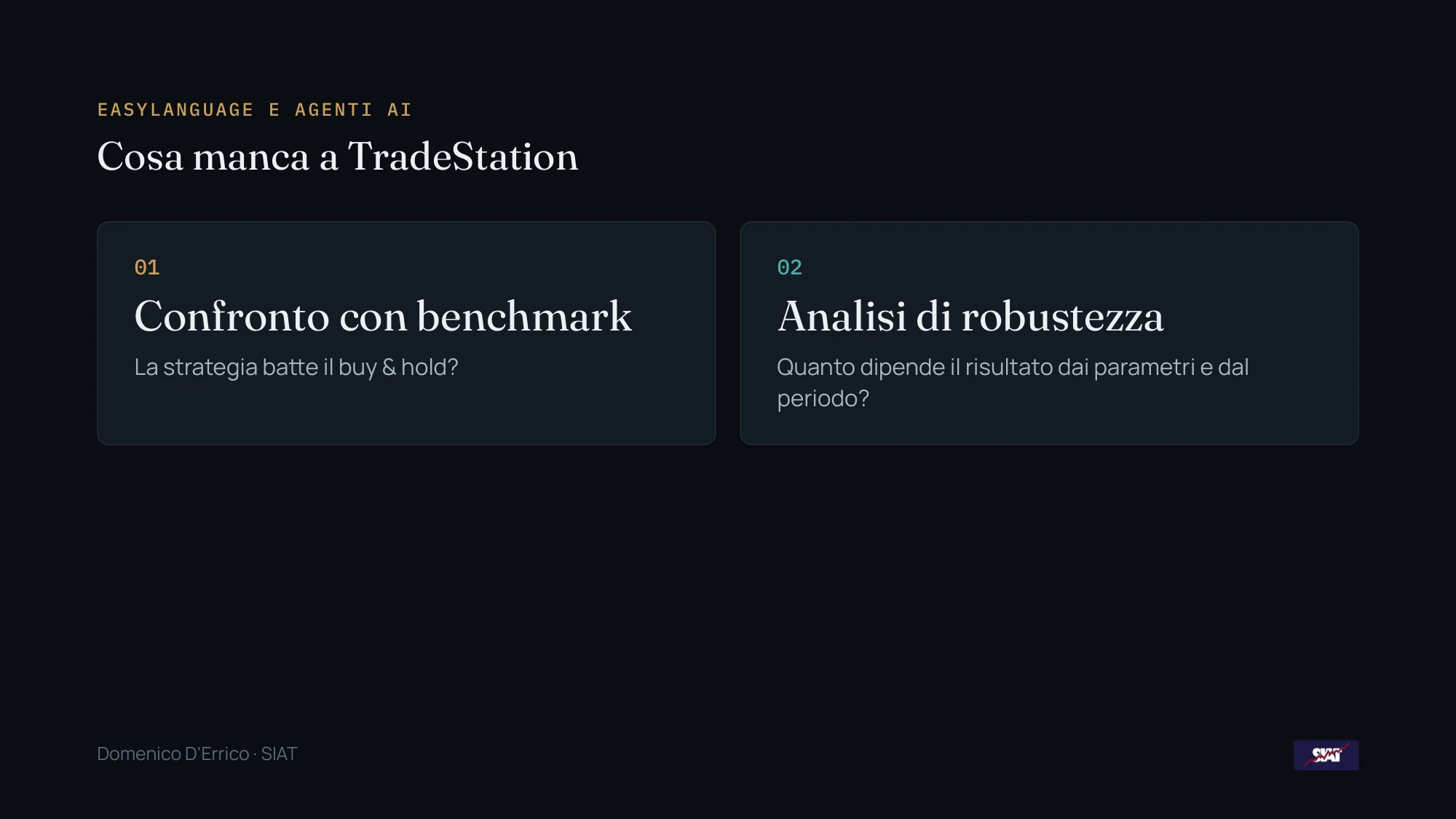 Slide: cosa manca a TradeStation, il confronto con il benchmark e l'analisi di robustezza